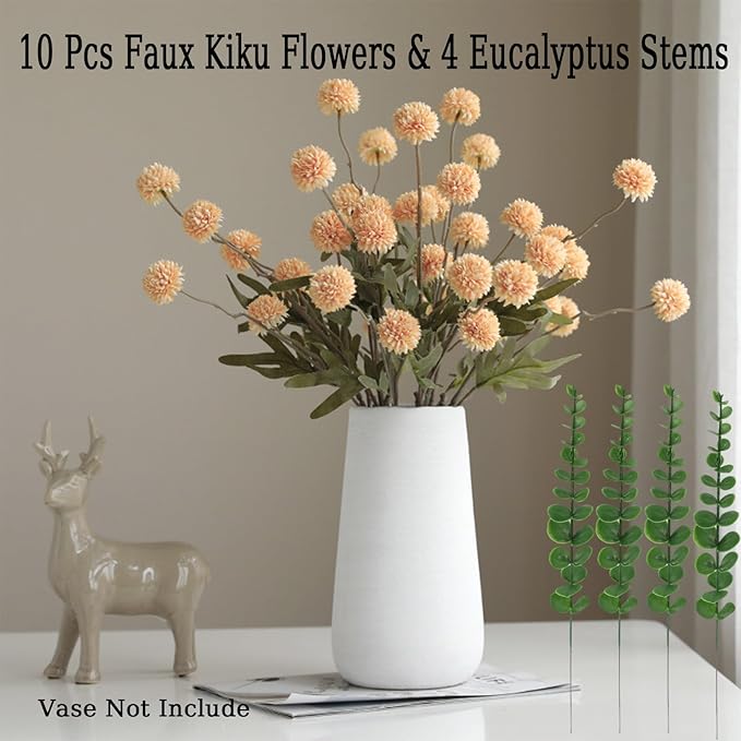 10pcs Faux Cream Kiku Flowers, 5 Heads Each Stem & 4 Branches Eucalyptus Stems, Artificial Small Mini Chrysanthemum Flowers for Aesthetic Room Decor, Floral Arrangements Centerpiece