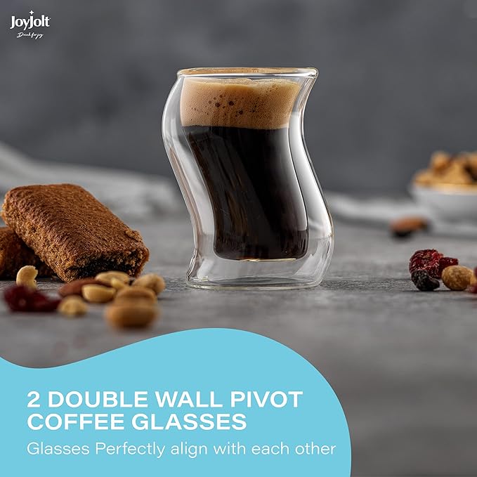 JoyJolt Pivot Espresso Shot Glass – Set of 2 oz Espresso Cups with Unique Design – Double Walled Thermo Espresso Glasses for Home or Professional Bar Use– Set of 2 Thermal Glassware for Morning Coffee