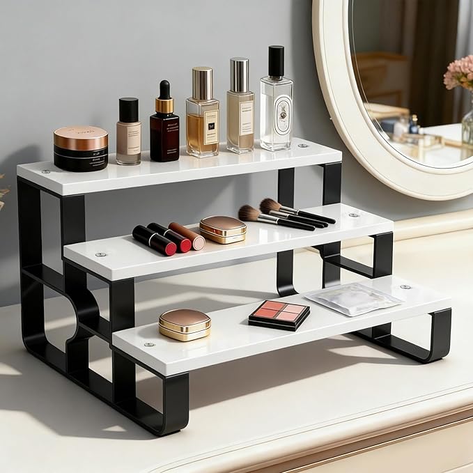 GRELY 3 Tier Perfume Organizer for Women, Makeup Display Stand Holder, Wooden Bathroom/Vanity Shelf, Lipstick & Skincare Storage, Valentine's Day Gift for Her (White, 14")
