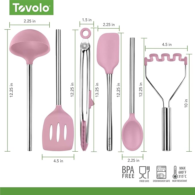 Tovolo Silicone Cooking Utensil Set of 6 Pink Sorbet Ladle Slotted Turner Tongs Flex Core Spatula Scraper Mixing Spoon and Potato Masher, Dishwasher Safe BPA Free Silicone Kitchen Utensils