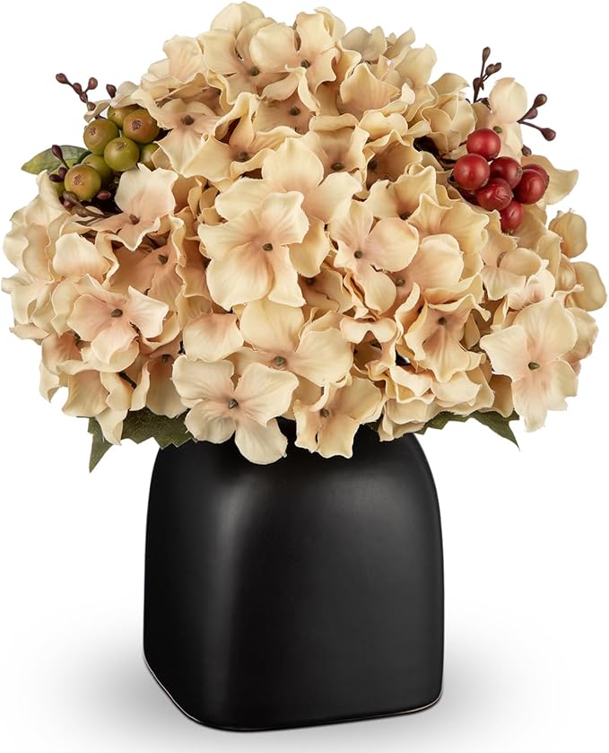 Briful Hydrangea Artificial Flowers in Ceramic Black Vase, Beige Silk Hydrangea Centerpieces for Tables, Realistic Dining Table Vase with Flowers for Farmhouse Home Decor Indoor