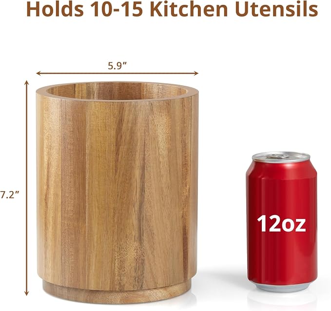 Bivvclaz Acacia Wood Utensil Holder, 360°Rotating 7.2" Utensil Holder for Kitchen Counter, Large Kitchen Utensil Holder, Cooking Utensil Crock for Countertop, Farmhouse Kitchen Decor and Accessories