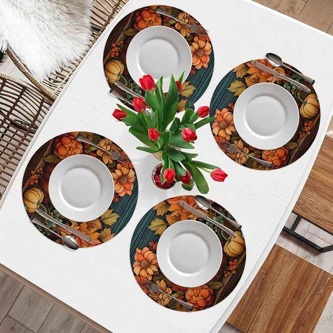 Round Placemats Set of 6, Autumn Pumpkin Sunflowers Leaves Woven Placemats Mats Non-Slip Heat Resistant Washable Table Mats Round Braided Place for Farmhouse Kitchen Dining Party Decor 15in