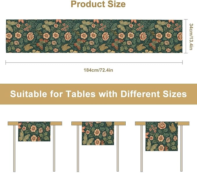 William Morris Style Table Runner,Vintage Floral Botanical Butterfly Rustic Farmhouse Table Runner for Home Indoor Outdoor Kitchen Holiday Birthday Party Wedding Decor 13x60 Inch