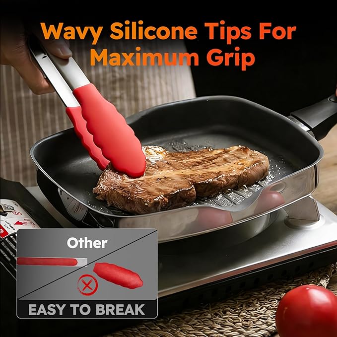 HST 3 Pack Kitchen Tongs, Non Stick Stainless Steel 9 Inch Tongs With Silicone Tip for Cooking BBQ Baking(Red)