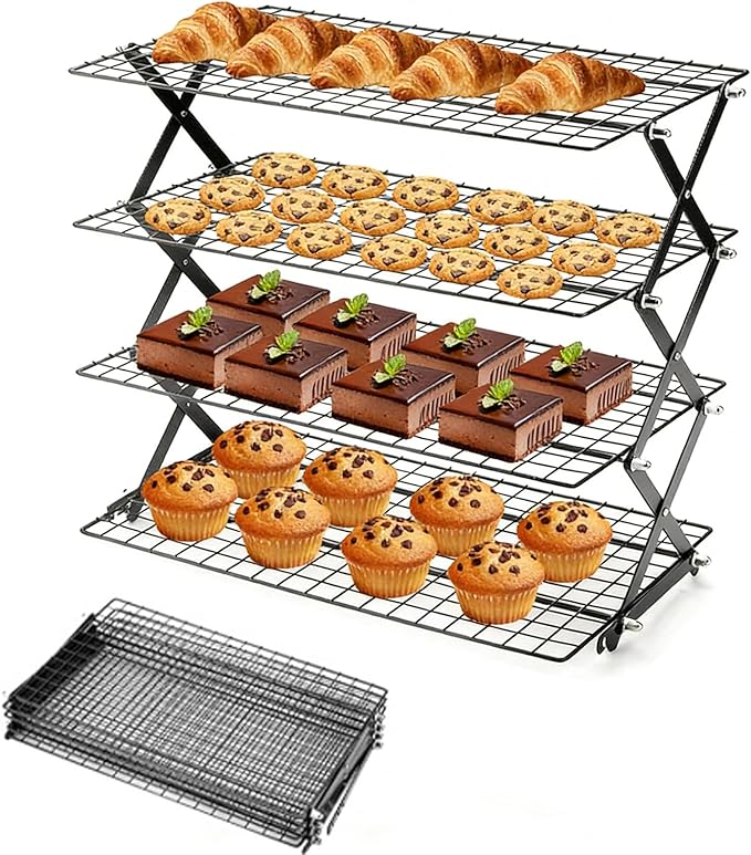 4-Tier Collapsible Cooling Rack with Adjustable 3 Setting, Wire Cooling Roasting Cooking Baking Drying Rack for Cookies Bread Turkey, Candy, Fruit, Snacks