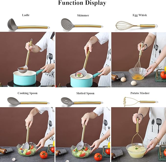 38 Piece Silicone kitchen Cooking Utensils Set with Utensil Rack, Silicone Head and Stainless Steel Handle Cookware, Kitchen Tools for Utensil Sets, Non-Stick kitchen Gadgets, Dishwasher Safe (Gold)