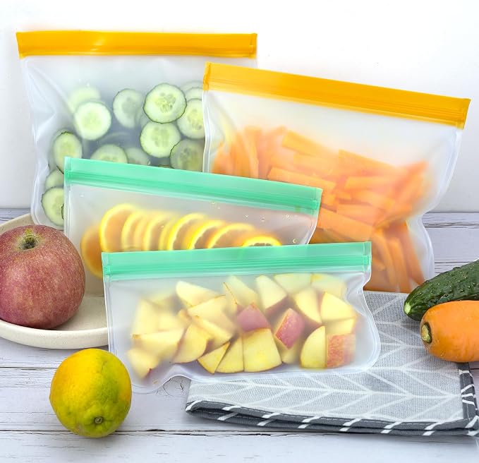 Silicone Storage Freezer Bags, 4 Reusable Sandwich Bags + 4 Reusable Snack Bags, Leakproof Food Storage Containers for Picnic, Work, Home Use