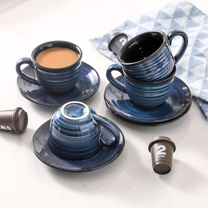 Ceramic Espresso Cups with Saucers 5 Oz,Set of 4 Cappuccino Mug with Handle for Coffee,Tea,Latte and Macchiato,Porcelain Demitasse Cups Set for Kitchen and Cafe,Navy Blue