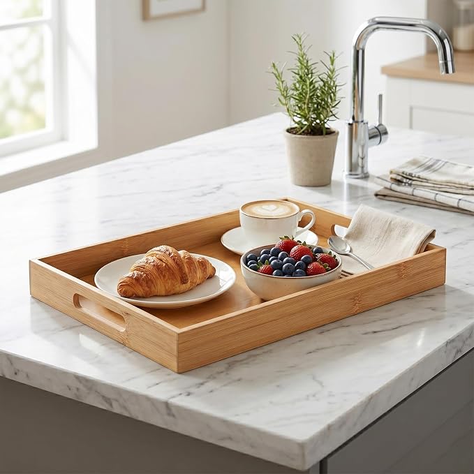 Briful Bamboo Decorative Tray with Handles - 16 x 12 Inch Rectangle Serving Tray for Coffee Table Decor Farmhouse Kitchen Counter Organizer & Bathroom Vanity Tray