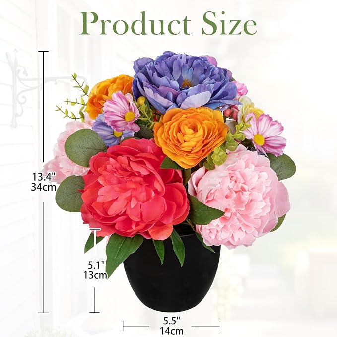 Briful Artificial Peonies Flower in Modern Black Pot, Farmhouse Table Floral Arrangements, Fake Spring Flower Centerpieces with Rose&Berries for Home Indoor Office Living Room Kitchen Decor