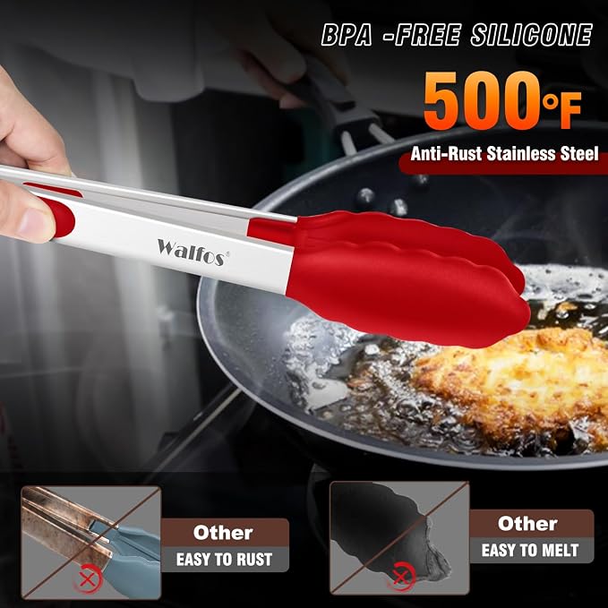 Walfos Kitchen Tongs - 7" 9" and 12" Heat Resistant Cooking Tongs, Stainless Steel and BPA Free Silicone Tips, Great for Cooking, Salad, Grilling, Turning, Dishwasher safe,set of 3