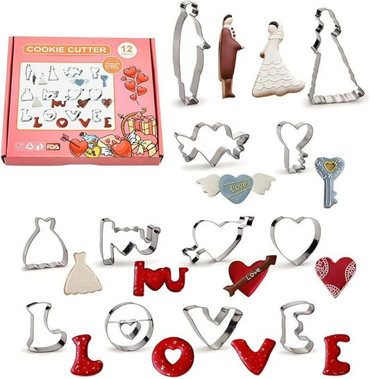 12PCS Love Theme Cookie Cutters Set, Stainless Steel Romantic Cookies Cutter includes Arrowed Heart, Couple, Heart, I Love You, Wedding Dress and Key Baking Mold Decorations