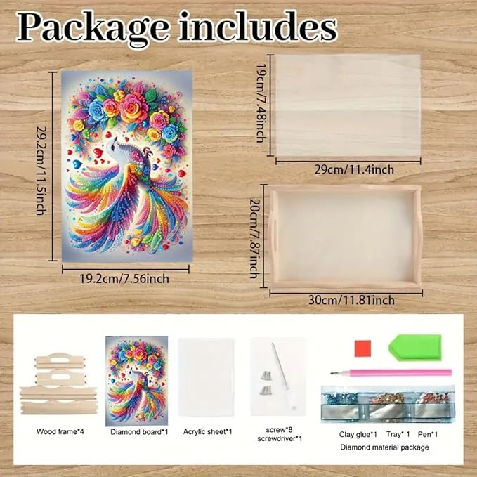 ARTopet DIY Diamond Serving Tray Diamond Art Painting Creative Design Handmade Wooden Tray Dinner Plate for Coffee Breakfast Home Organizer-Colorful Bird