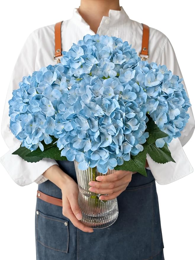 JINWOE Light Blue Hydrangea Artificial Flowers, 4PCS 21" Large Lifelike Full Outdoor Silk Artificial Hydrangeas, Fake Flowers Bouquets Arrangement for Porch Home Table Centerpieces Party