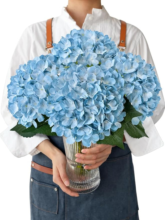JINWOE Light Blue Hydrangea Artificial Flowers, 4PCS 21" Large Lifelike Full Outdoor Silk Artificial Hydrangeas, Fake Flowers Bouquets Arrangement for Porch Home Table Centerpieces Party