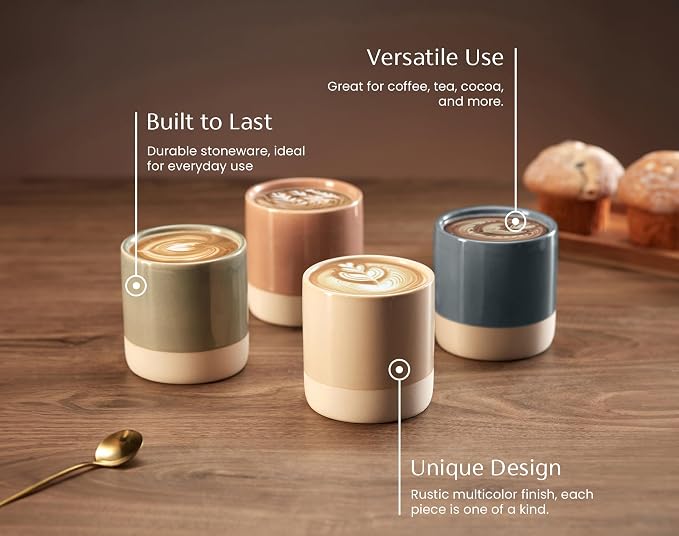 KooK Latte Cups, Ceramic Artisanal Stoneware, No Handle, Japanese Tea Cups, For Coffee, Tea, Cocoa, Microwave and Dishwasher Safe, Multicolor, 10.5 oz, Set of 4