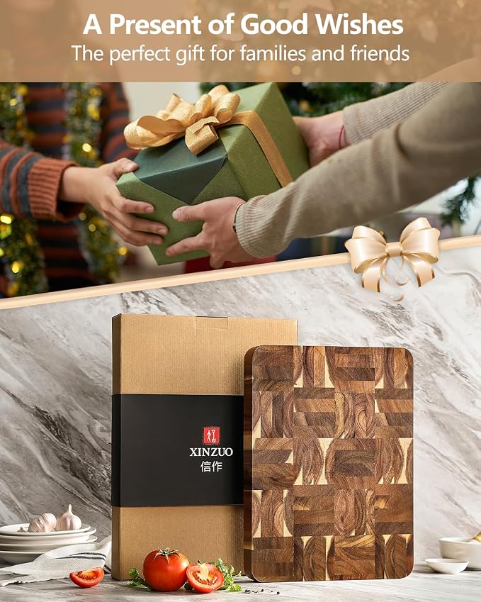 XINZUO Large Thick End Grain Acacia Wood Cutting Board -(16‘’L x 12''W x 1.6''T)-Dark Wood Cutting Board,Reversible Wooden Chopping Board with Non-Slip Feet-Catches Food and Waste-Giftbox