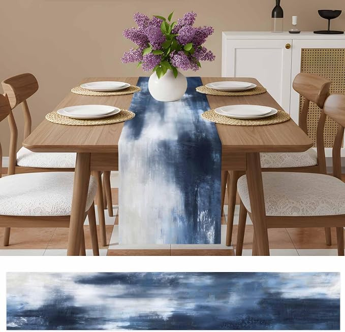 Ombre Dark Blue Short Table Runners 48 Inches, Cotton Linen Fabric Table Runner Dresser Scarf, Modern Simple Painting Art Tablerunner for Party/Kitchen/Dinner/Wedding Decor 13"x48"