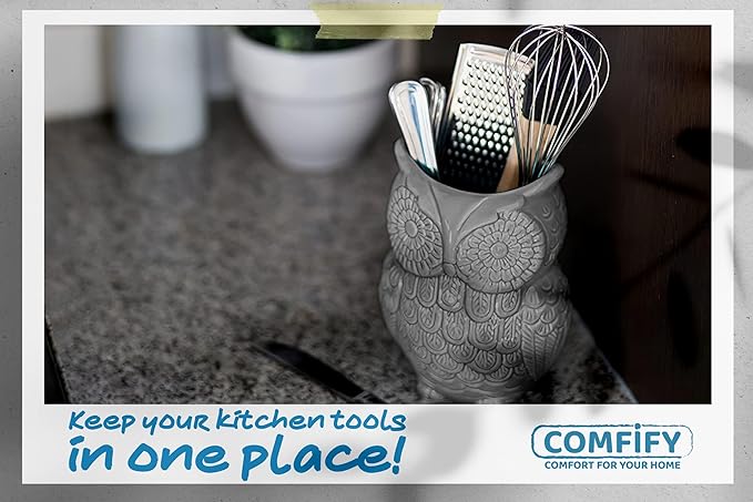 Comfify Owl Utensil Holder Decorative Ceramic Cookware Crock & Organizer, in Lovely Grey Color - Utensil Caddy and Perfect Kitchen Ceramic Decor Gift - 5" L x 7" H x 4" W