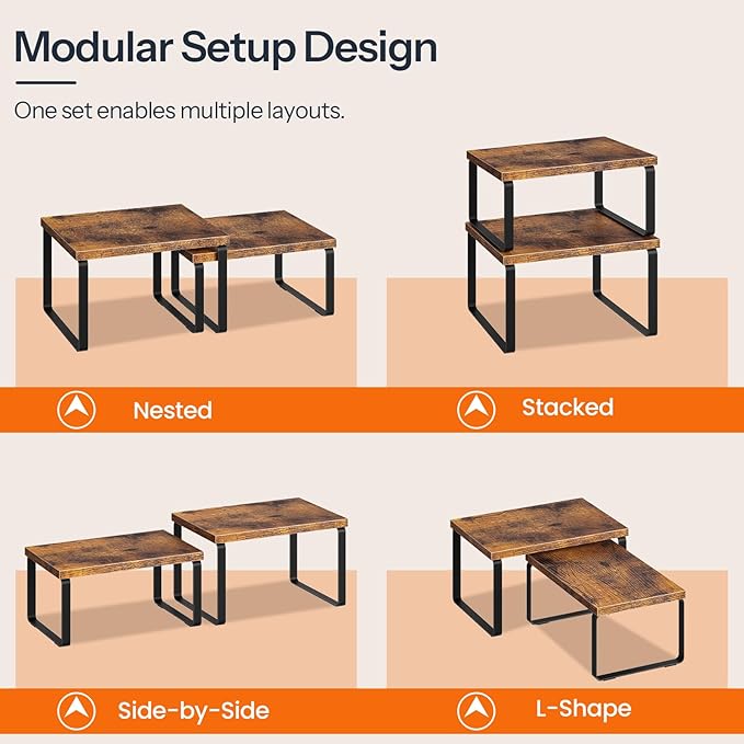 HOOBRO Cabinet Organizer Shelf, Set of 2, Kitchen Countertop Organizer, Kitchen Countertop Shelf, Spice Rack for Counter, Stackable, Expandable for Cabinet, Kitchen, Rustic Brown and Black BF33TL01