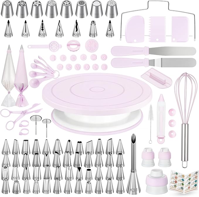 Kootek 158PCs Cake Decorating Kit, Baking Supplies Tools - Includes Cake Stand Turntable, 64 Icing Piping Tips Set, 2 Frosting Spatulas, 3 Scrapers, 50+2 Pastry Bags, Coupler, Video Tutorial, Booklet