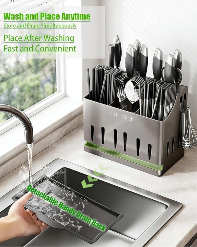 Stainless Steel Universal Knife Holder & Utensil Organizer - Countertop Knife Storage Stand, Detachable Knife Block for Kitchen Counter Knife Storage Rack Organization, Classic Gray Coating