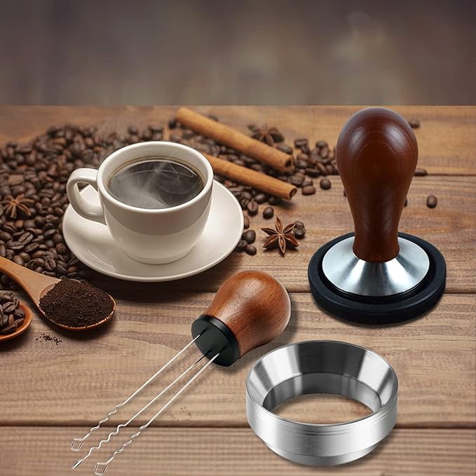 Espresso Press Hand Tamper Coffee Distributor & Tamper 49mm Walnut Wooden Handle And 304 Stainless Steel Flat Base With Mat Espresso Machines Accessory (49mm)