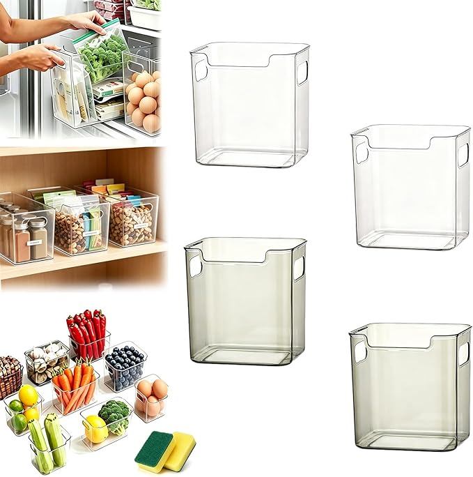 Thickened Crystal Clear Freezer Storage Bins, Multipurpose Freezers Handles Storages Bins, Stackable Deep Crystal Freezer Storage Cold Easy To Clean For Every Room(2S Clear+2S Green)