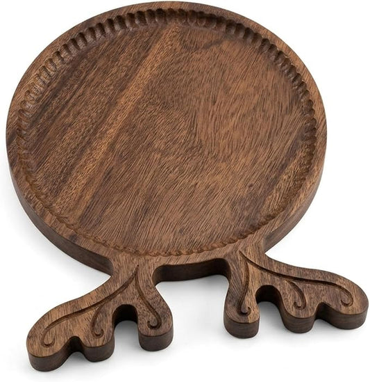Acacia Wood Serving Board, 11.8" Unique Reindeer Deer Antler Shape Wooden Platter with Fluted Edge, Decorative Round Wood Charcuterie Board for Snacks, Cheese, Holiday Table Centerpiece