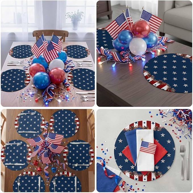 4th of July Round Placemats Set of 2 Rustic Star Stripes Place Mats Independence Day Woven Placemat Red White and Blue Circle Braided Table Mat for Kitchen Dining Table Holiday Party Decor 15 Inch