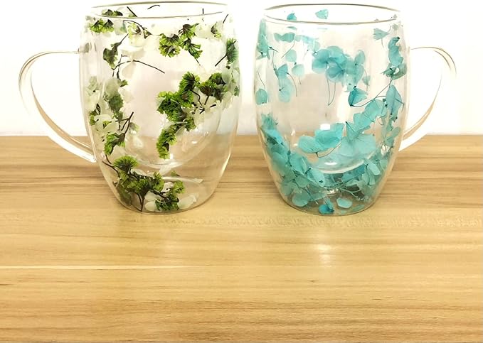 Double Walled Glass Coffee Mugs Flower Glass Coffee Mug With Handle Decorative 10 oz Clear Cappuccino Mug For Hot Cold Tea Milk Latte Wine Beverage Mother’s Day Birthday Christmas Gifts