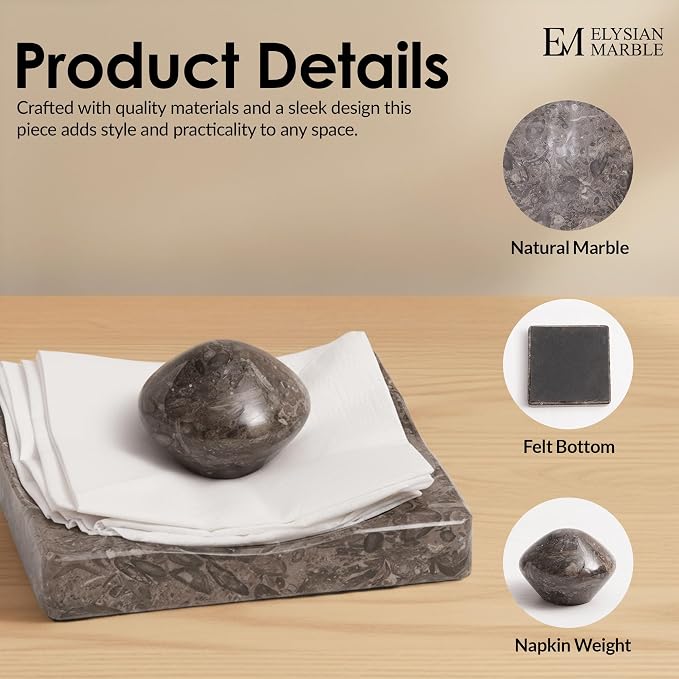 Marble Cocktail Napkin Holder with Weight, Modern Square Napkin Holder for Table, Decorative Heavy Napkin Holder for Indoor & Outdoor Dining, Kitchen & Coffee Table Decor - Oceanic Grey