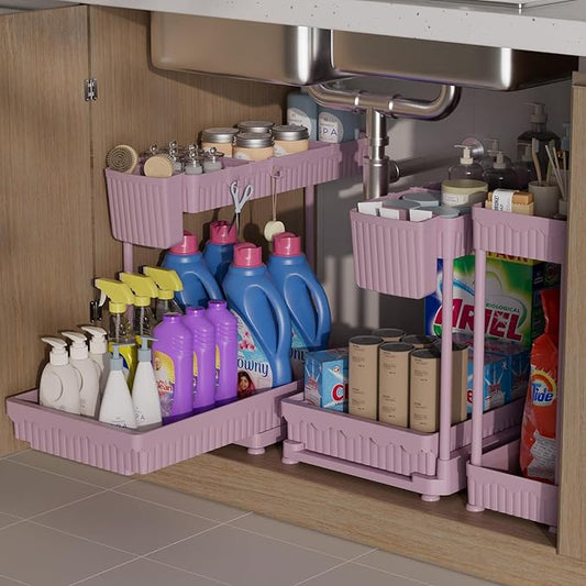 Sevenblue 3 Pack Multi-Purpose Pull-Out Storage Organizers, 2-Tier L-Shaped Under Sink/Cabinet Organizers and Storage for Bathroom & Kitchen,Pink,14.85 Inch