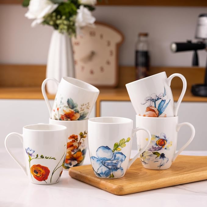 GBhome 12oz Coffee Mugs Set fo 6, Ceramic Coffee Mugs with Decaled Flowers for Man Woman Mom Dad, Light Weight Coffee Mugs Set for Latte/Cappuccino/Cocoa/Milk, Dishwasher & Microwave Safe