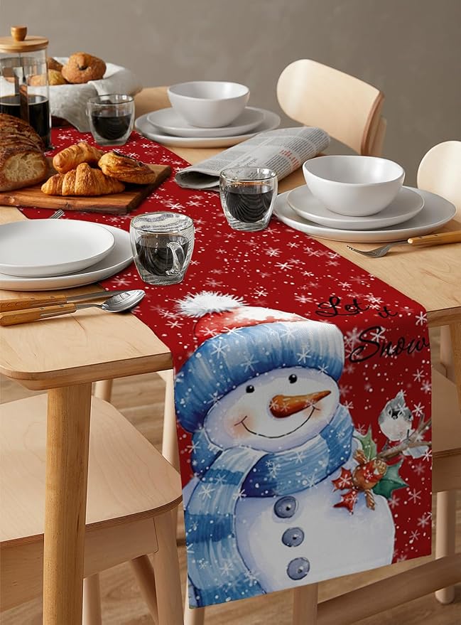 Snowman Christmas Table Runner - 90 Inch Long, Red Xmas Winter Snowflake Dining Table Runner Dresser Scarves, Rustic Let Snow Bird Christmas Decor for Coffee Table Wedding Party Banquet, 13x90 in