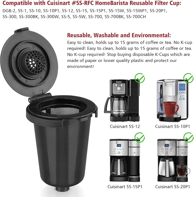 Newly upgraded Reusable Filter Cup for Cuisinart, Compatible with Cuisinart #SS-RFC HomeBarista Reusable Filter Cup, Black (2 Pack)