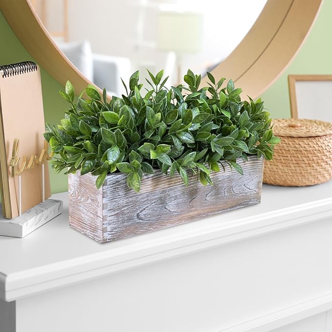 Winlyn 14" Faux Boxwood Plant in Rectangular Wood Planter Box Rustic Greenery Arrangement Artificial Potted Herb Plant for Farmhouse Home Decor Wedding Mantel Shelf Windowsill Dinner Table Centerpiece