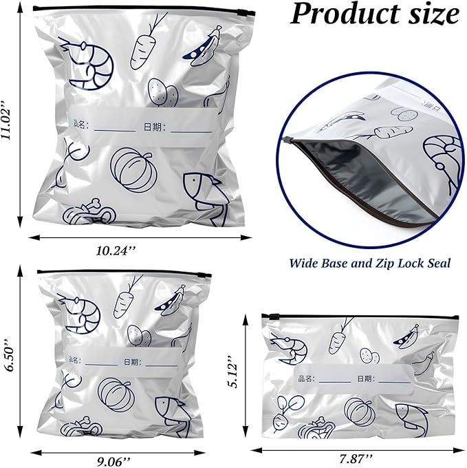 Reusable Aluminum Foil Sealable Storage Bags - Freezer Bags, Resealable Stand Up Pouches for Fresh Keeping, with Label, Zip Lock, Suitable for Vegetable, Fruit, Meat, and More,3 Size (15)