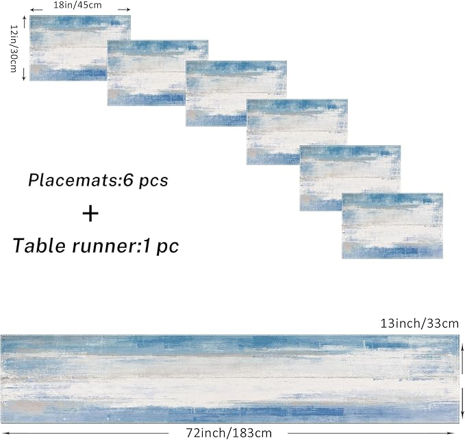 Emvency Navy Blue White Abstract Table Runner and Placemats Set of 6,Vintage Retro Painting Watercolor Modern Art Dining Decor for Daily Use(1 Table Runner 72 inches Long and 6 Placemats)