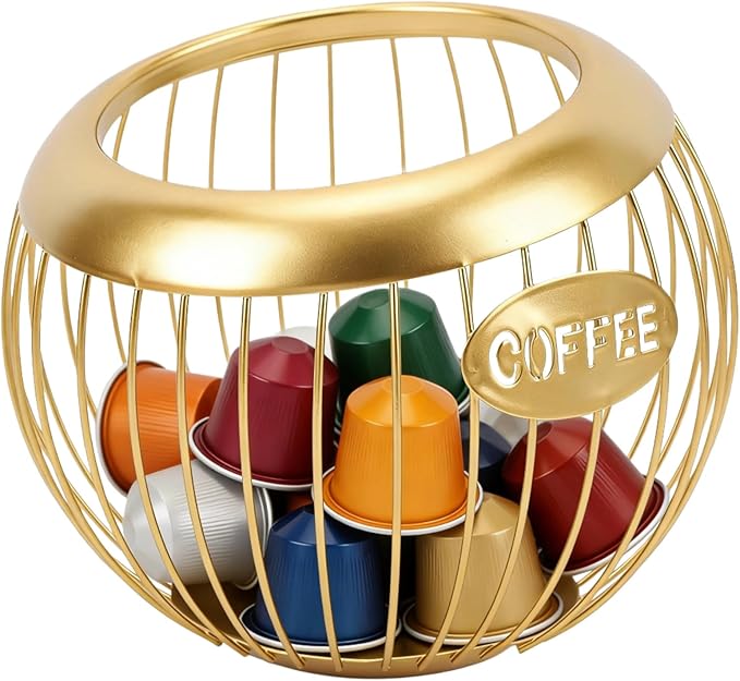 Metal Coffee Pod Holder Wire Coffee Pods Storage Basket Espresso Capsule Storage for Home Kitchen Cafe Hotel (Gold spherical)