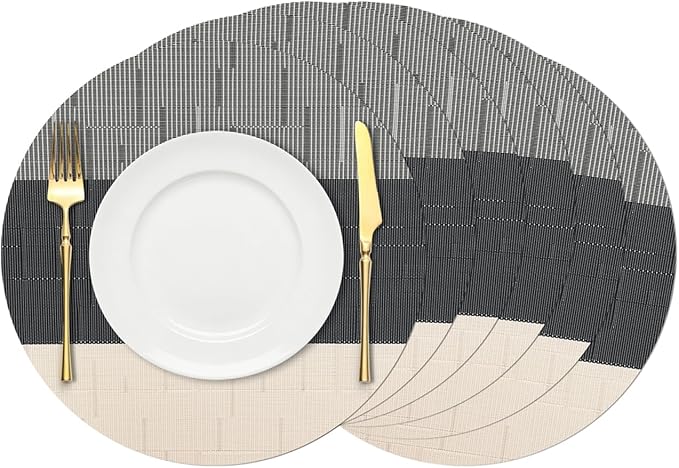 Round Placemats Set of 6, 15 Inch Woven Vinyl Heat Resistant Place Mats, Washable Non Slip PVC Table Mats for Kitchen Dining Party Outdoor Table Decor (Beige Black, 6)
