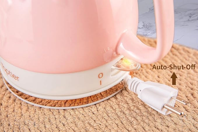 Toptier Electric Ceramic Tea Kettle, Boil Water Quickly and Easily, Detachable Swivel Base & Boil Dry Protection, Carefree Auto Shut Off, 1 L (1 LITER, Light Pink)