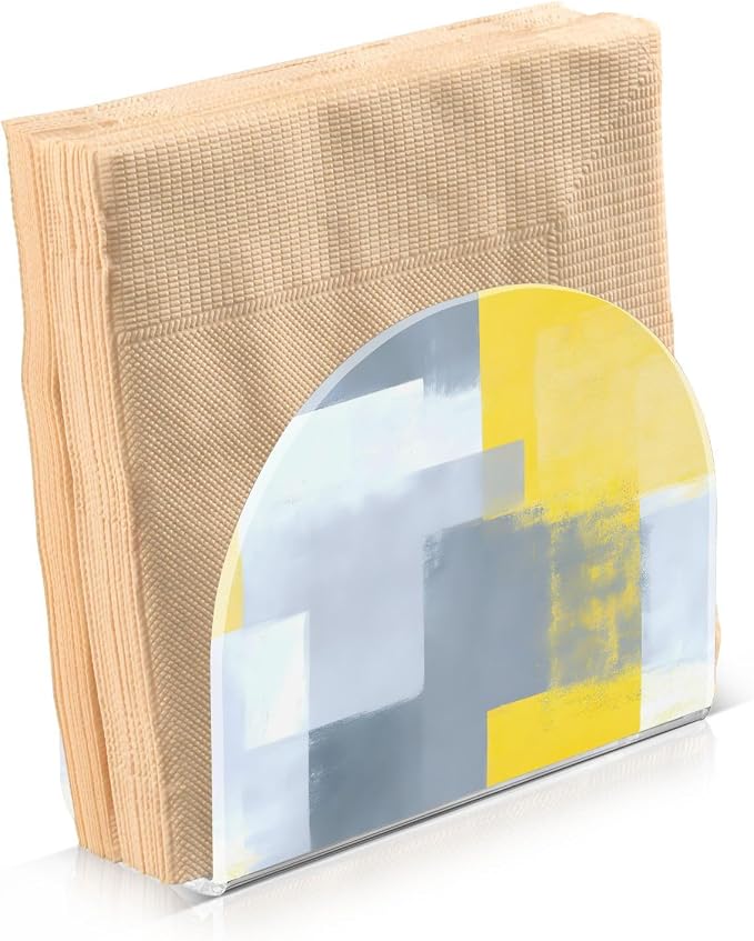 Grey and Yellow Abstract Art Painting Napkin Holder for Tables Paper Cocktail Napkin Holders for Kitchen and Dinning, Acrylic Dinner Napkin Dispenser for Restaurant Home Decor Bar Accessories 1 Pack