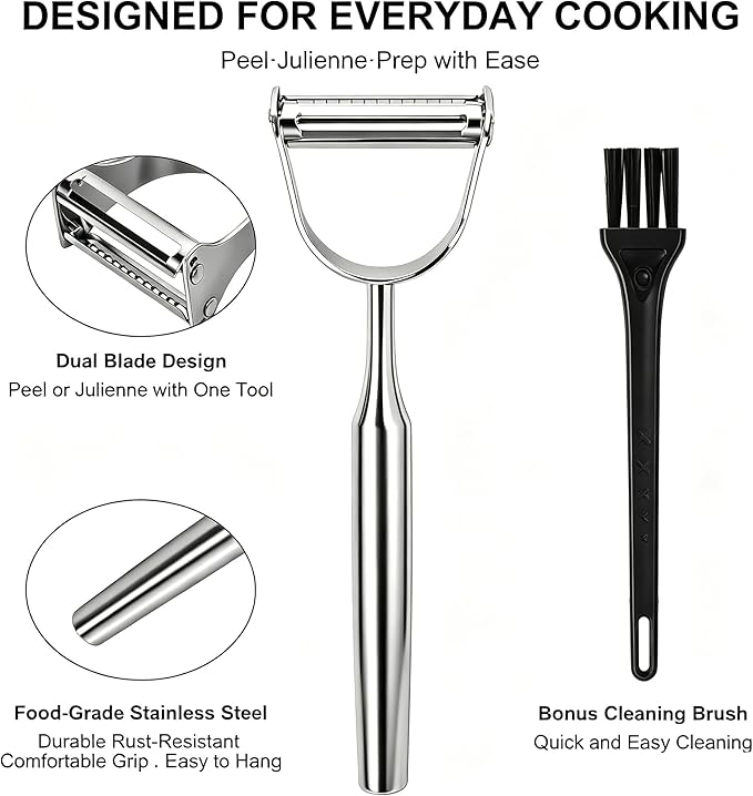 2 in 1 Vegetable Peeler, Stainless Steel Julienne Peeler, Multi-Function Design, Straight-edge blades for Peeling, Serrated blades for Julienne, for Potato Carrot Zucchini Cucumber, Kitchen Gift