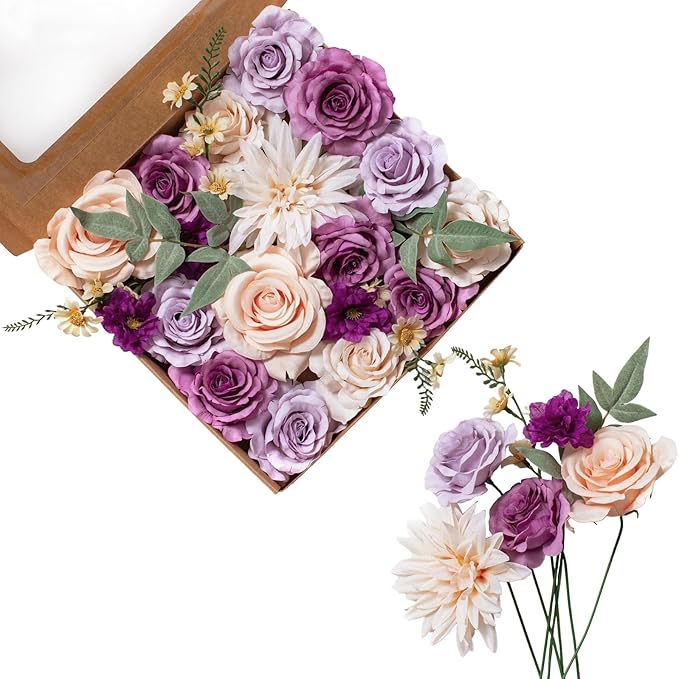 FANKO Artificial Flowers for DIY Bouquet, Purple Mauve Faux Rose, Ivory Peach Fake Flower Rose Dahlia Daisy for Vase, Floral Arrangement, Centerpieces, Wedding, Home Decor, Party Decoration