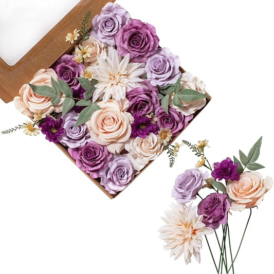 FANKO Artificial Flowers for DIY Bouquet, Purple Mauve Faux Rose, Ivory Peach Fake Flower Rose Dahlia Daisy for Vase, Floral Arrangement, Centerpieces, Wedding, Home Decor, Party Decoration