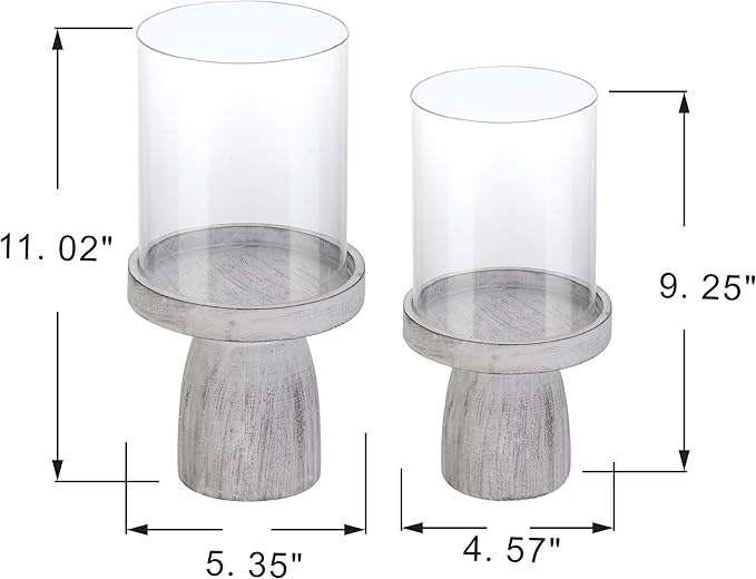 4" & 5" Glass Hurricane Candle Holders with Distressed White Solid Wooden Base in Set of 2, Decorative Centerpiece for Home, Coffee Table, Fireplace Mantel, Wedding, Modern Farmhouse Style