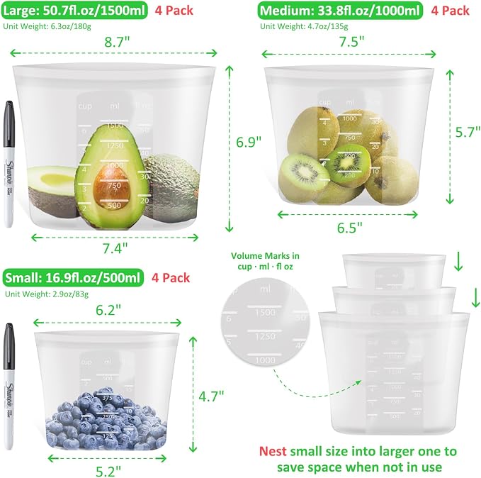 100% Platinum Silicone Reusable Storage Bags, 12 Pack, Premium Silicone Food Storage Bag Stand-Up Wide-Mouth Zip-Lock, Freezer Microwave Oven Dishwasher Safe, 4 M + 4 S + 4 XS, Crystal-Clear