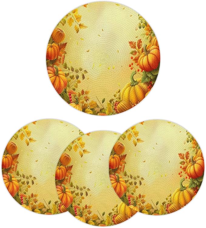 Round Placemats Set of 6, Autumn Pumpkin Maple Leaves Woven Placemats Mats Non-Slip Heat Resistant Washable Table Mats Round Braided Place for Farmhouse Kitchen Dining Party Decor 15in